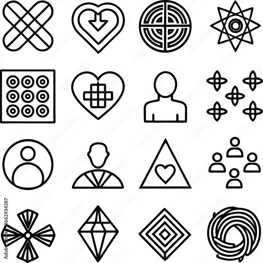 Poster collection of 16 unique geometric symbols and icons graphic elements for design projects and concept