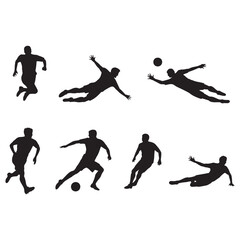 A dynamic collection of black soccer player silhouettes in various action poses, including kicking and goalkeeper dives, vector illustration