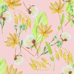 seamless floral pattern hand drawn flowers and leaves. 