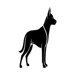 A black silhouette of a dog standing in profile, with pointed ears and a sleek body.