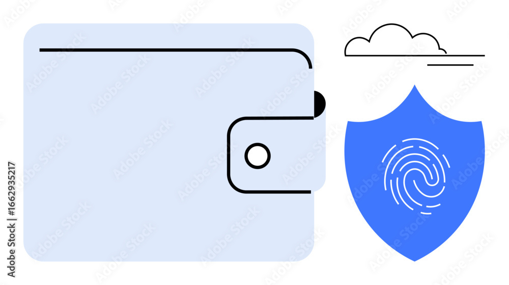 Poster closed wallet and shield with fingerprint framed by a cloud. ideal for security, fintech, identity p
