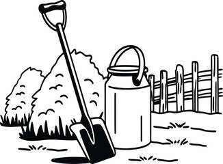Rustic Agriculture Illustration with Classic Shovel and Can