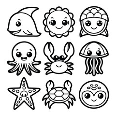 Fototapeta premium Cute sea turtle outline and other kawaii ocean friends for coloring and design projects