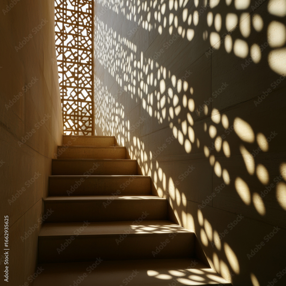 Poster sunlight streams through an ornate screen, casting intricate patterns. warm light illuminates the st