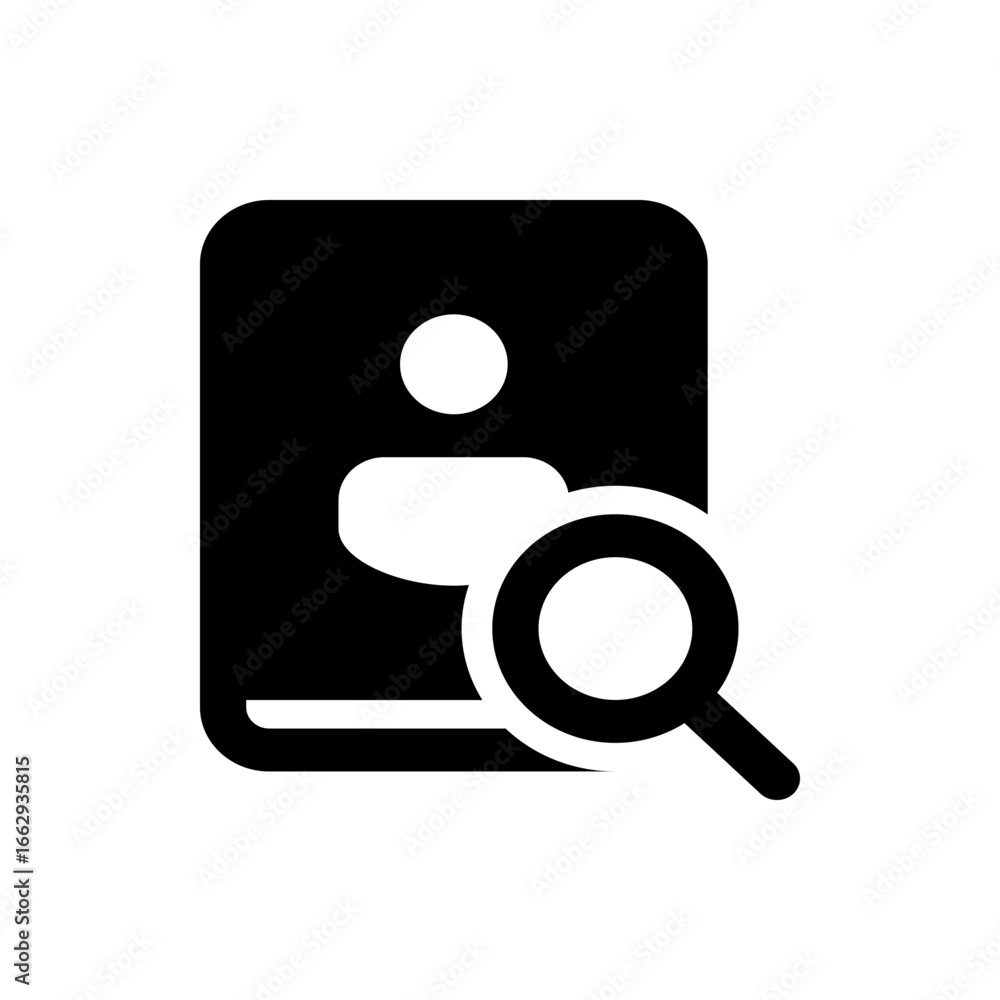 Poster black square icon with person symbol and magnifying glass for search or find user concept design ele