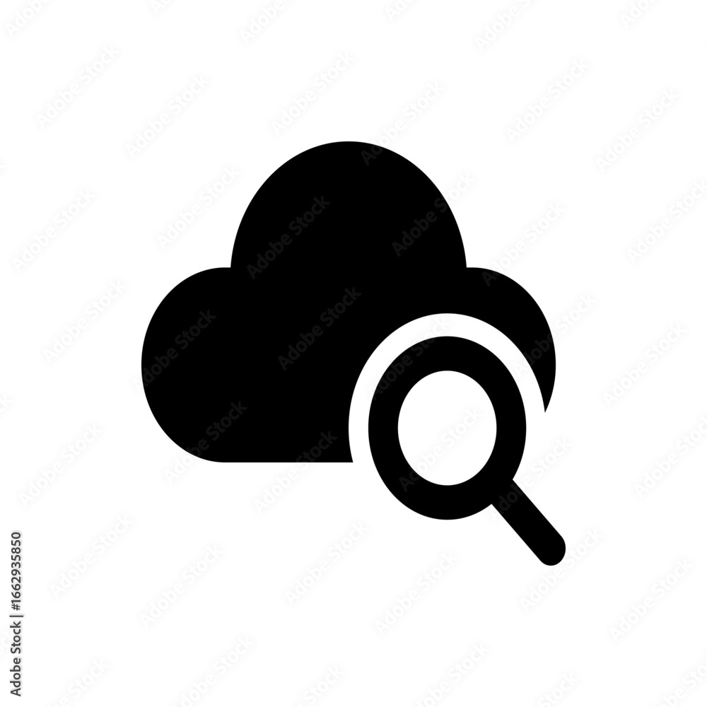 Poster black cloud icon with a magnifying glass overlay representing cloud search and data discovery proces