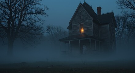 A weathered twostory house with lit window Ghostly figure stands on the porch Foggy atmosphere with leafless trees