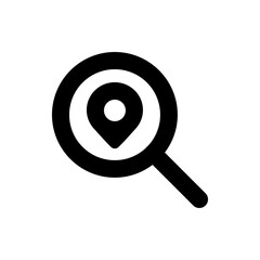 A black and white icon featuring a magnifying glass with a location pin inside for searching places online