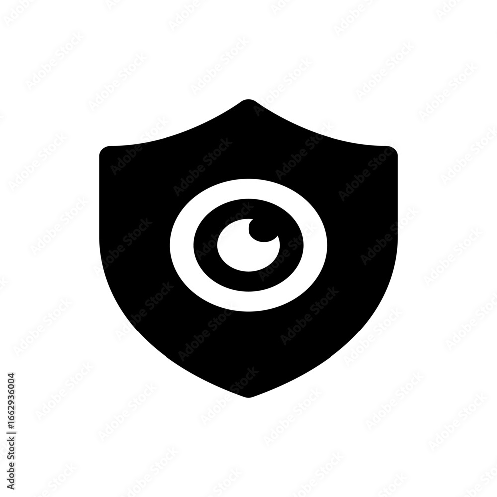 Poster black shield with a white eye in the center representing security and surveillance in a simple desig