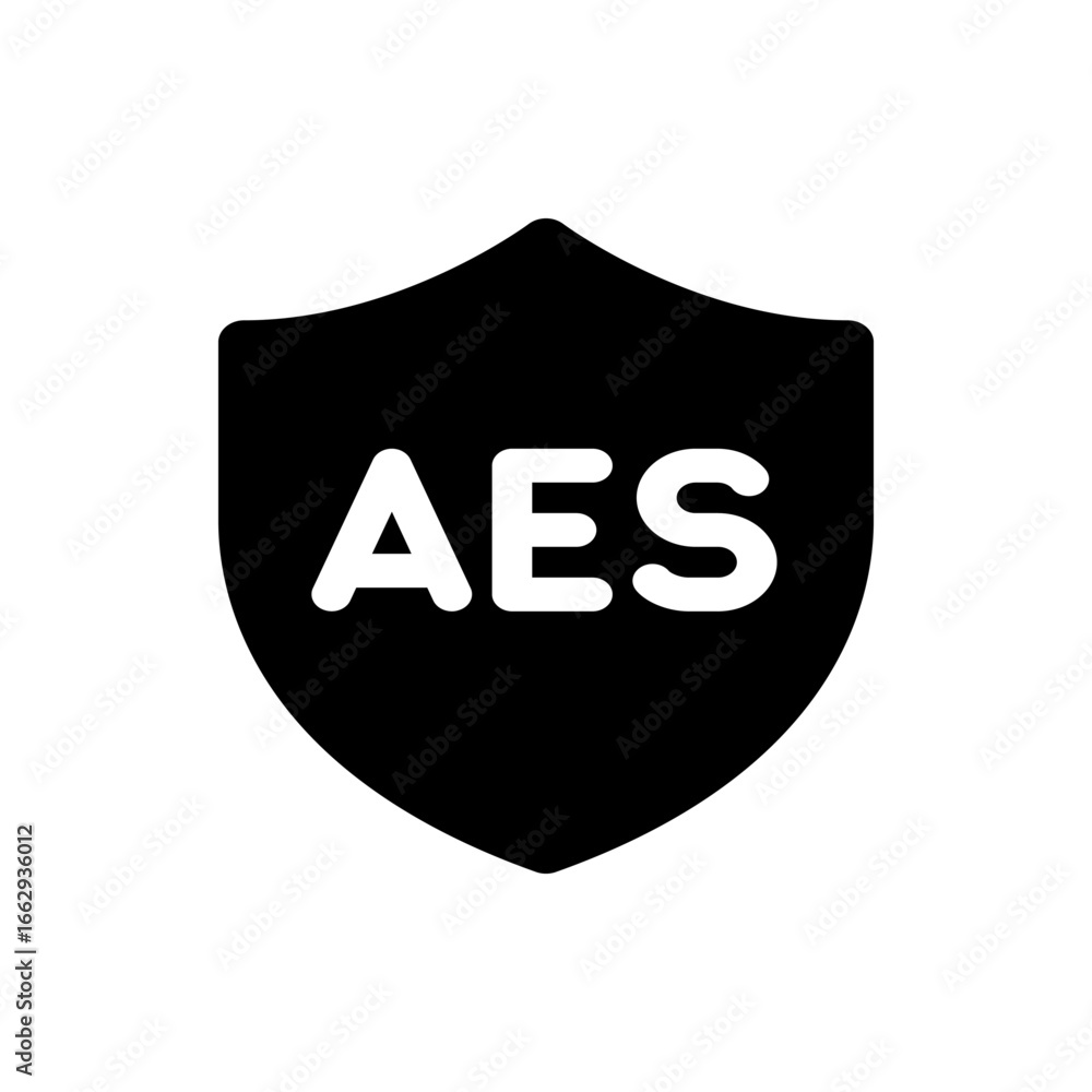 Aufkleber aes letters in white on a black shield shape representing security and encryption for data protectio