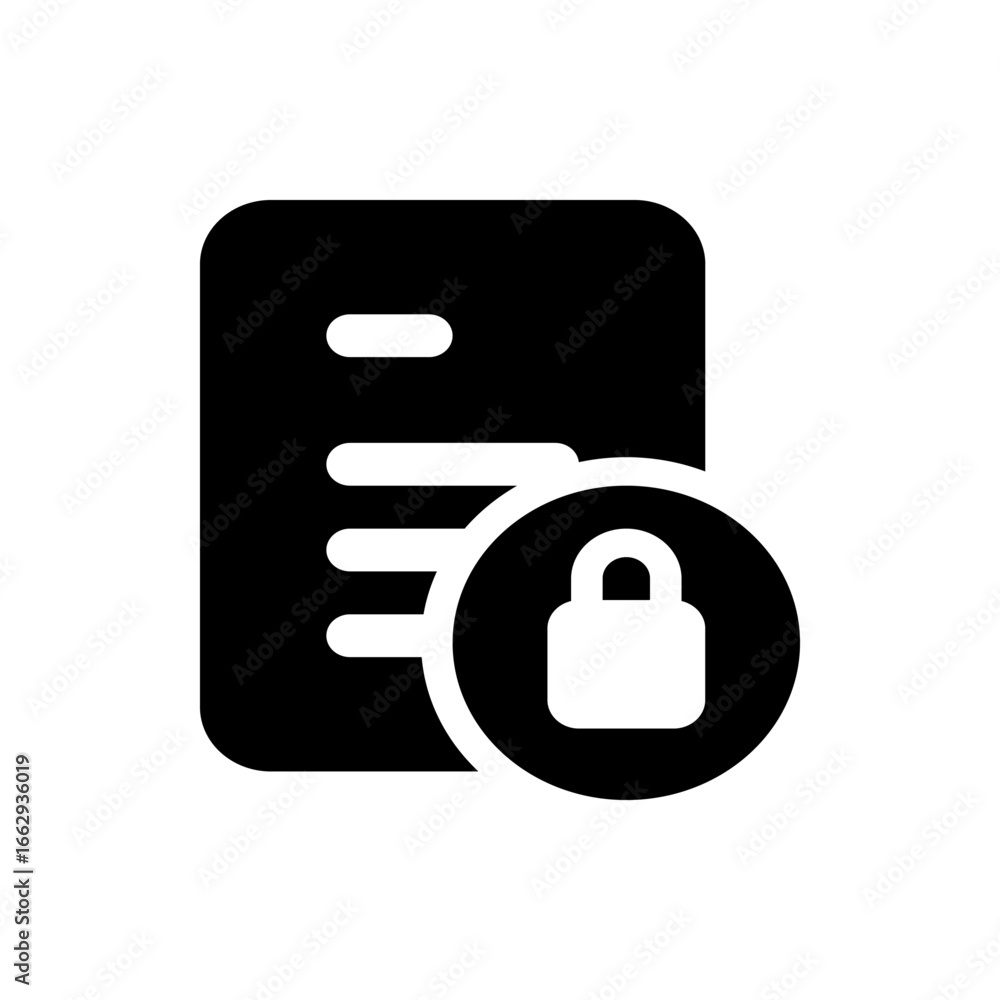 Poster document security icon showing a file with lines and a padlock inside a circle on the bottom right c