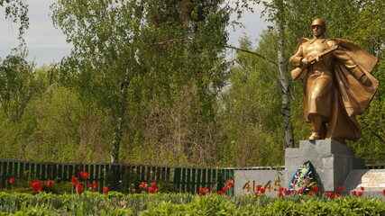 Soviet Soldier War Memorial with Red Tulips Honoring Victory Day and Great Patriotic War. Golden...