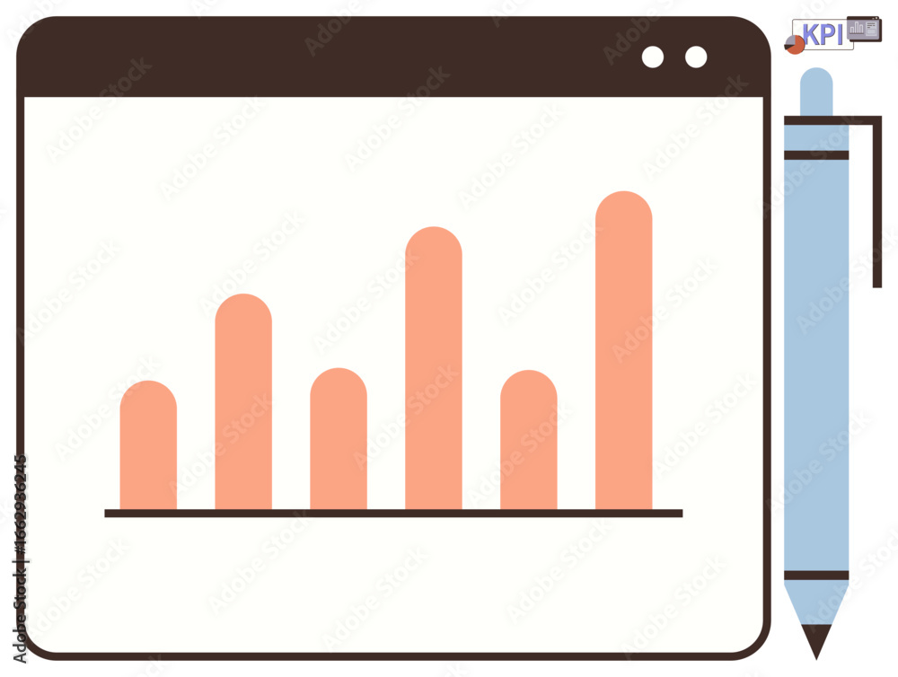 Aufkleber bar chart in browser window beside pen highlights data analysis, business insights, and project trac