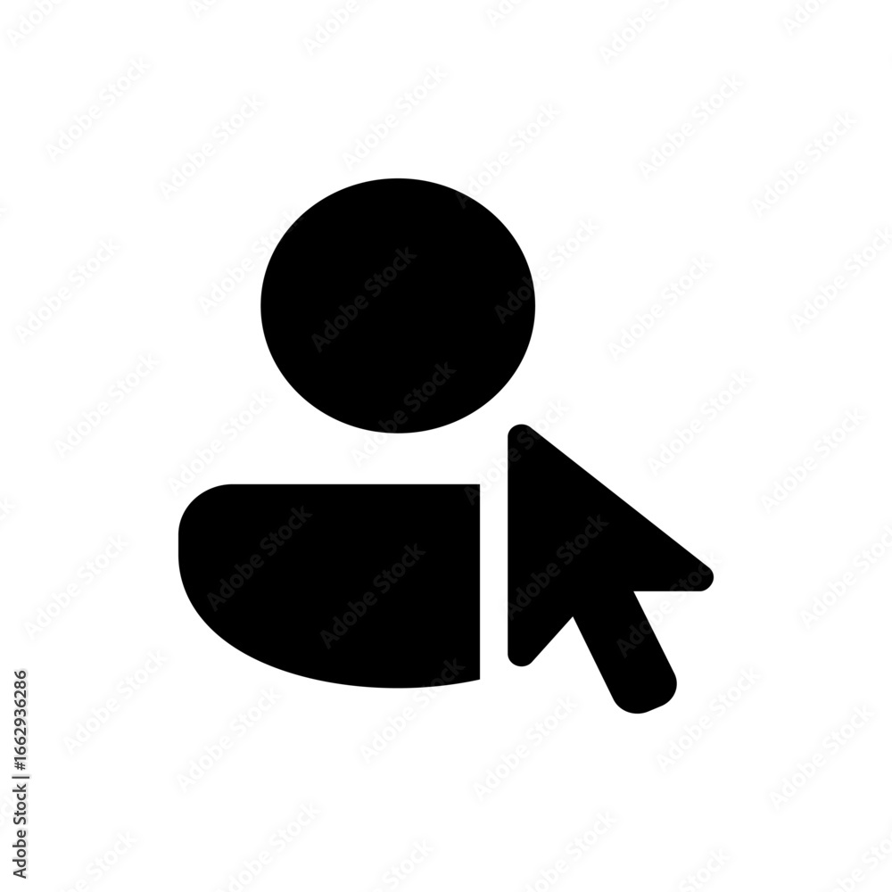 Poster black silhouette of a user avatar with a circular head and a cursor pointing at the profile icon, 10