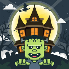 Cute Frankenstein with Castle Cartoon Vector Icon Illustration People Holiday Flat Icon	
