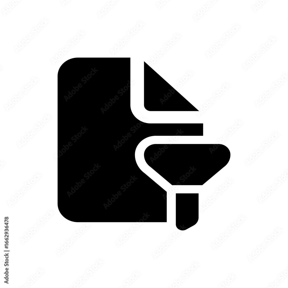 Aufkleber black and white graphic of a document icon with a filter symbol overlayed on the right side of the d