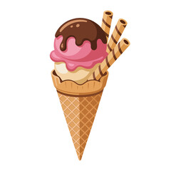 A delicious double-scoop ice cream cone with chocolate syrup and wafer sticks, a perfect summer treat, vector illustration