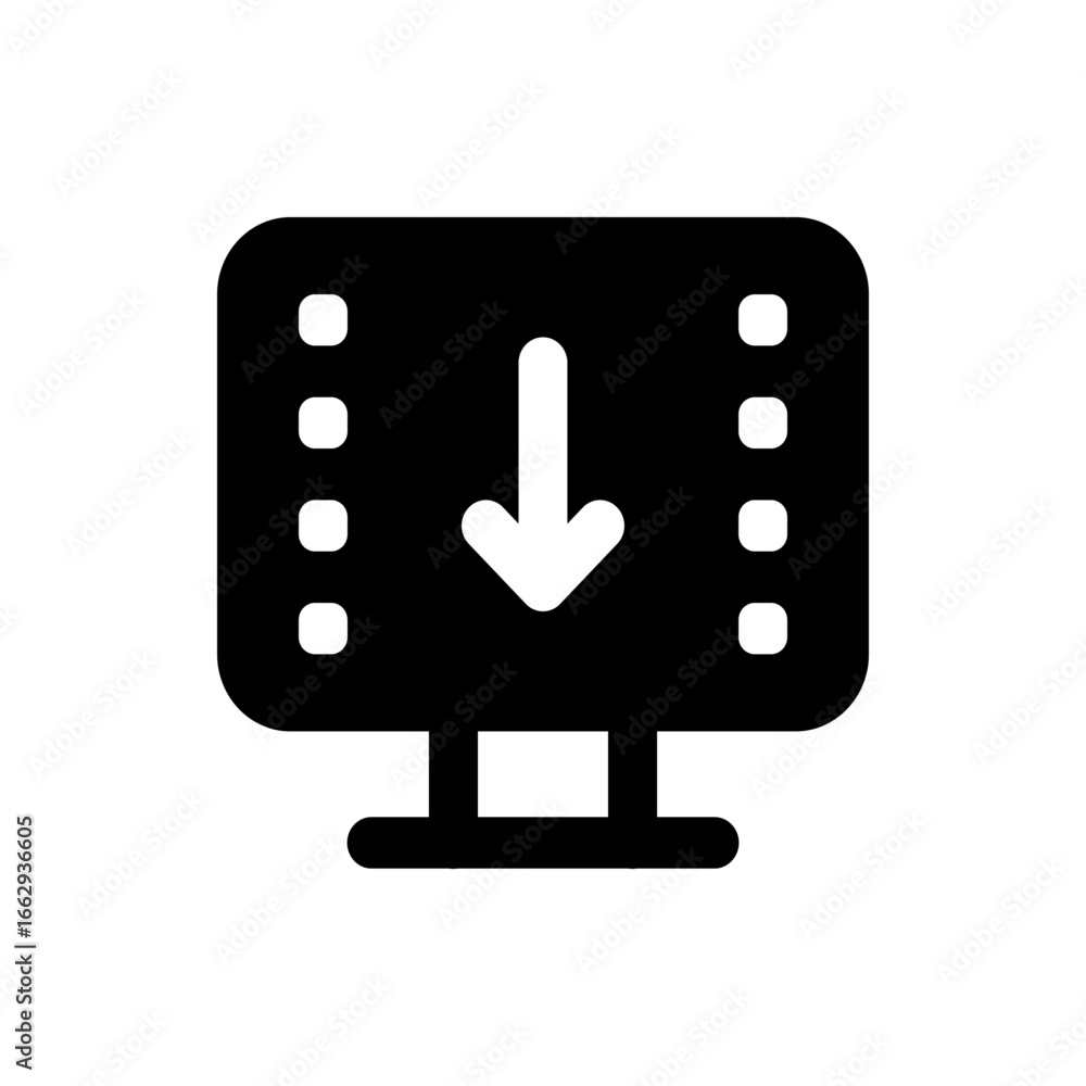 Poster black monitor icon showing a white arrow pointing down with dots on either side of the screen displa