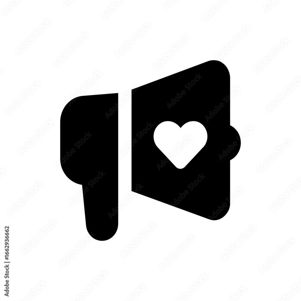 Poster black megaphone with a white heart shape in the middle of it on a white background in a simple style