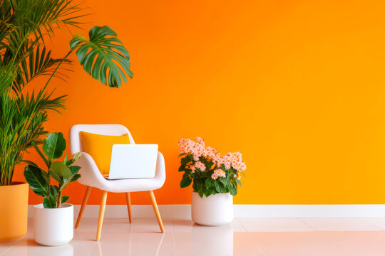 A minimalist home office workspace with a laptop and various potted plants set against a vibrant orange wall promoting creativity and productivity