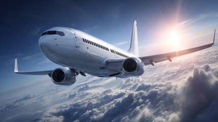 White jet plane soaring above fluffy clouds at sunrise
