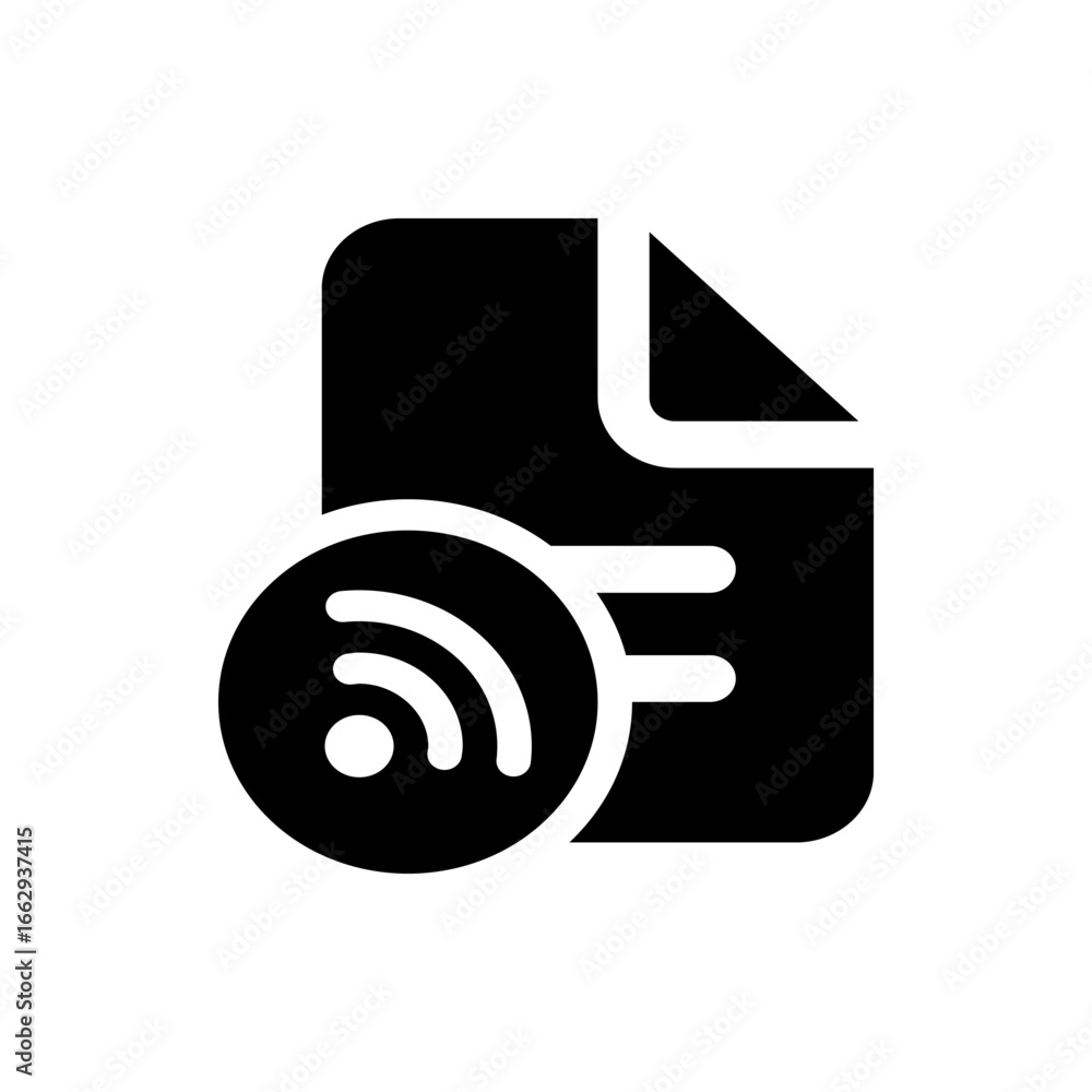 Poster black document icon with a folded corner and wifi symbol indicating wireless file transfer or connec