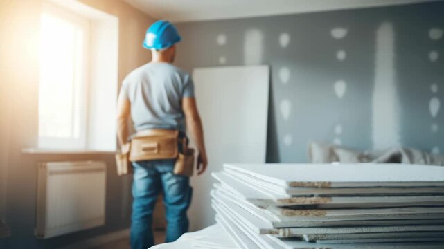 Professional construction worker preparing to install drywall in a new house room interior