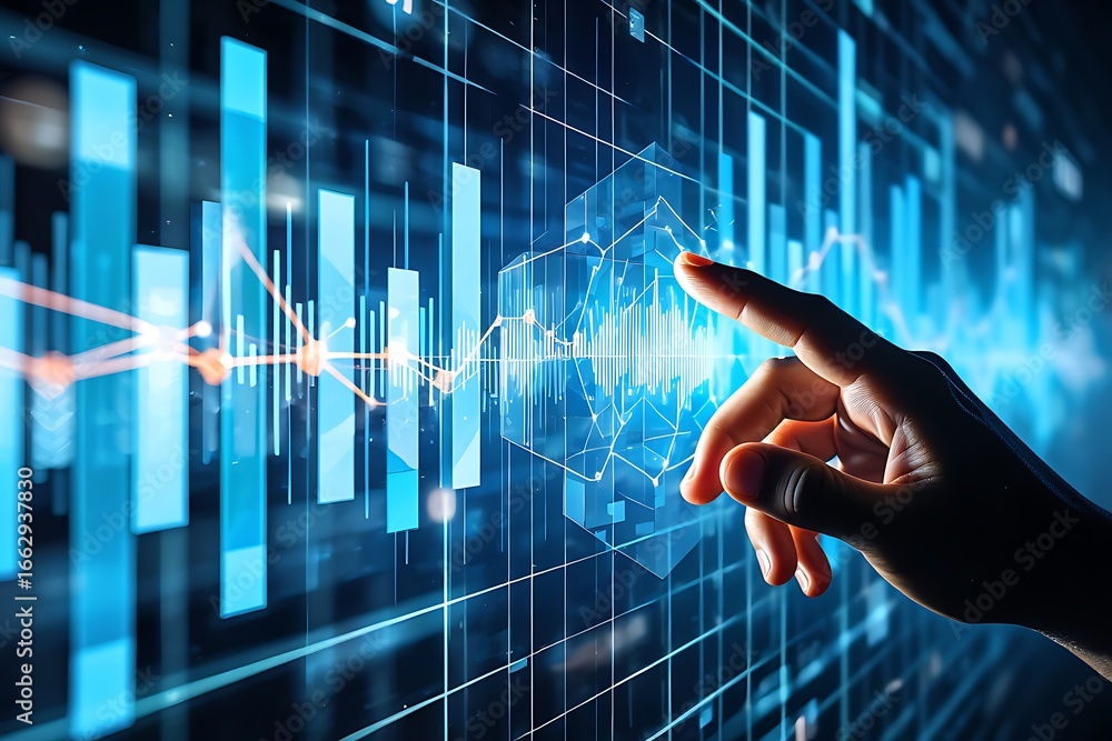 Poster a hand interacting with a futuristic holographic financial data display showing stock market charts 