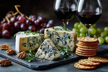 A gourmet vegan blue cheese platter, featuring two types of delicious cheese, is elegantly arranged with grapes, walnuts, and crackers. Two glasses of red wine sit in the background.