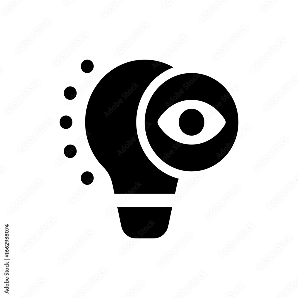 Poster illustration of a lightbulb with an eye inside a circle and several dots on the left side of the bul