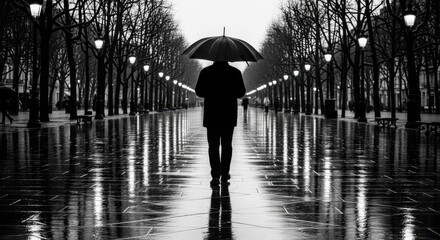 A solitary figure walks alone under an umbrella on a rainy day in a tree lined avenue with reflections on wet pavement.