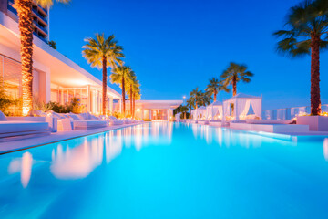 Fototapeta premium A tranquil and serene blue pool at night with warm inviting lighting reflecting on the water creating a peaceful and relaxing atmosphere