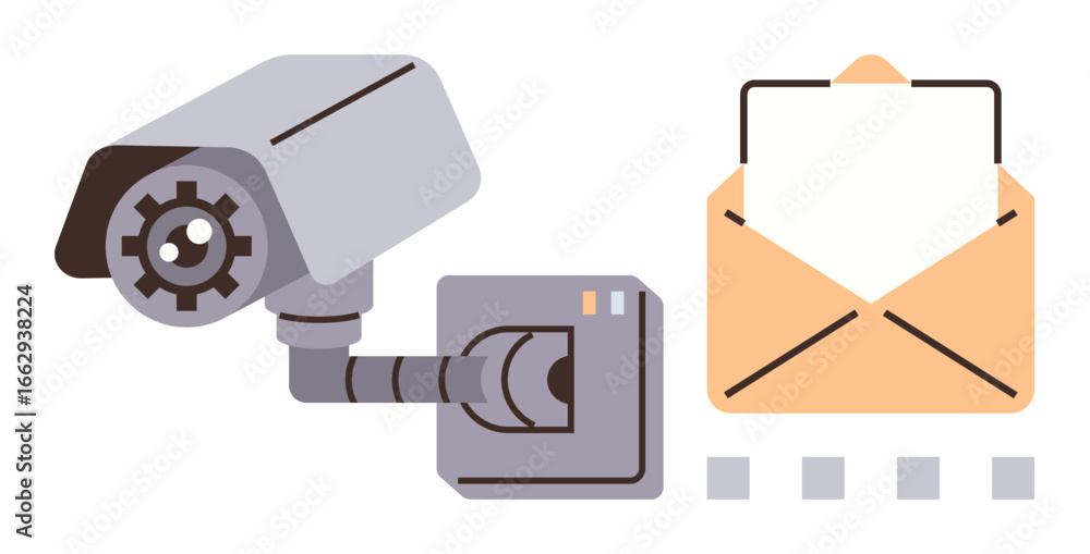 Poster surveillance camera beside an open envelope, highlighting privacy concerns, data security, and commu