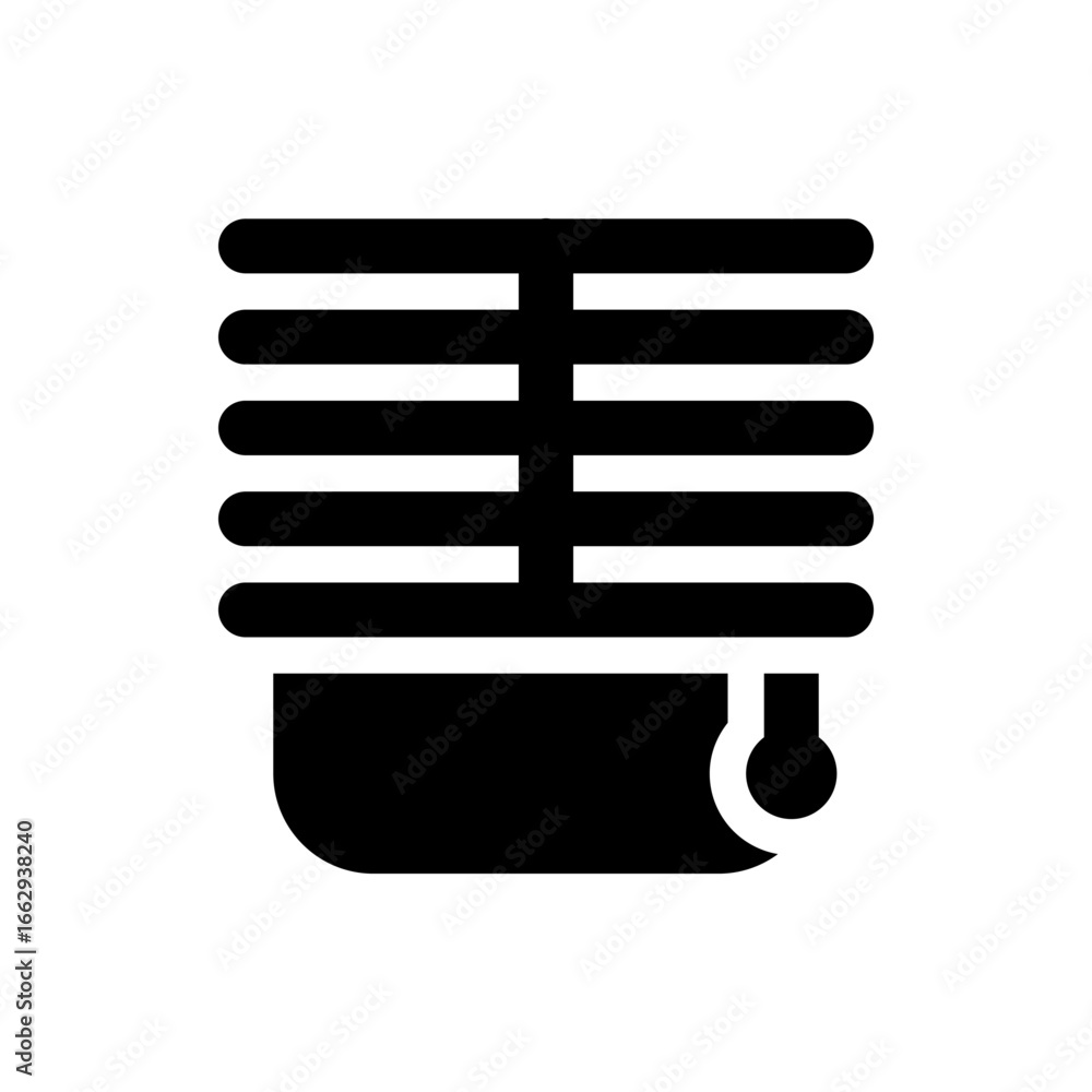 Poster illustration of a closed window blind with horizontal slats and a rolling mechanism in black color s