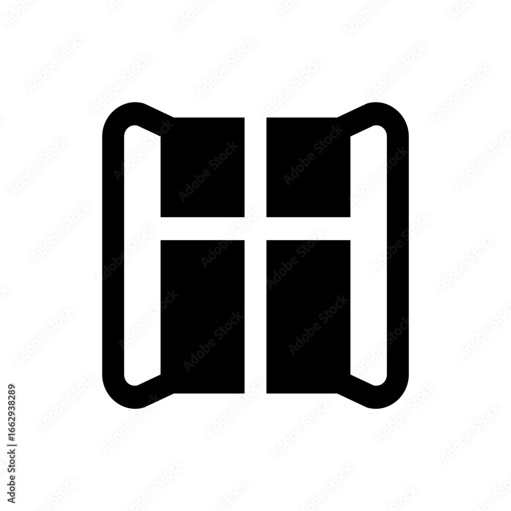 Poster abstract symmetrical design featuring a cross shape flanked by curved handle like structures in blac