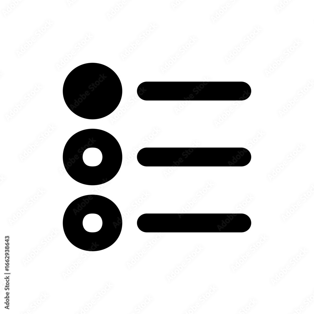 Poster illustration of a list icon with three circles and three horizontal lines in a simple black and whit