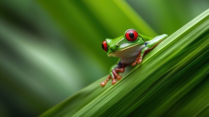 Naklejka premium Colorful Tree Frog on Green Leaf, Ecological Photography, Rainforest Creature, Nature Popularization Material