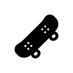 Silhouette of a black skateboard with white wheels and four white circles on the board design element