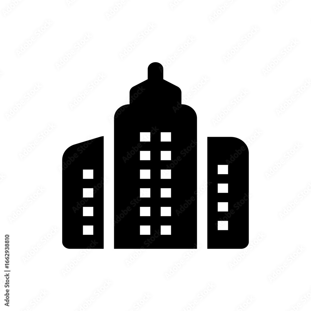 Poster silhouette of a tall building with multiple windows and a distinctive top design in solid black colo