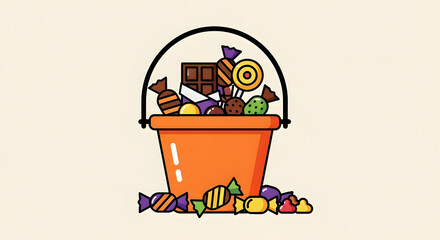 Obraz premium A festive orange bucket brimming with a spooky collection of Halloween candies and treats