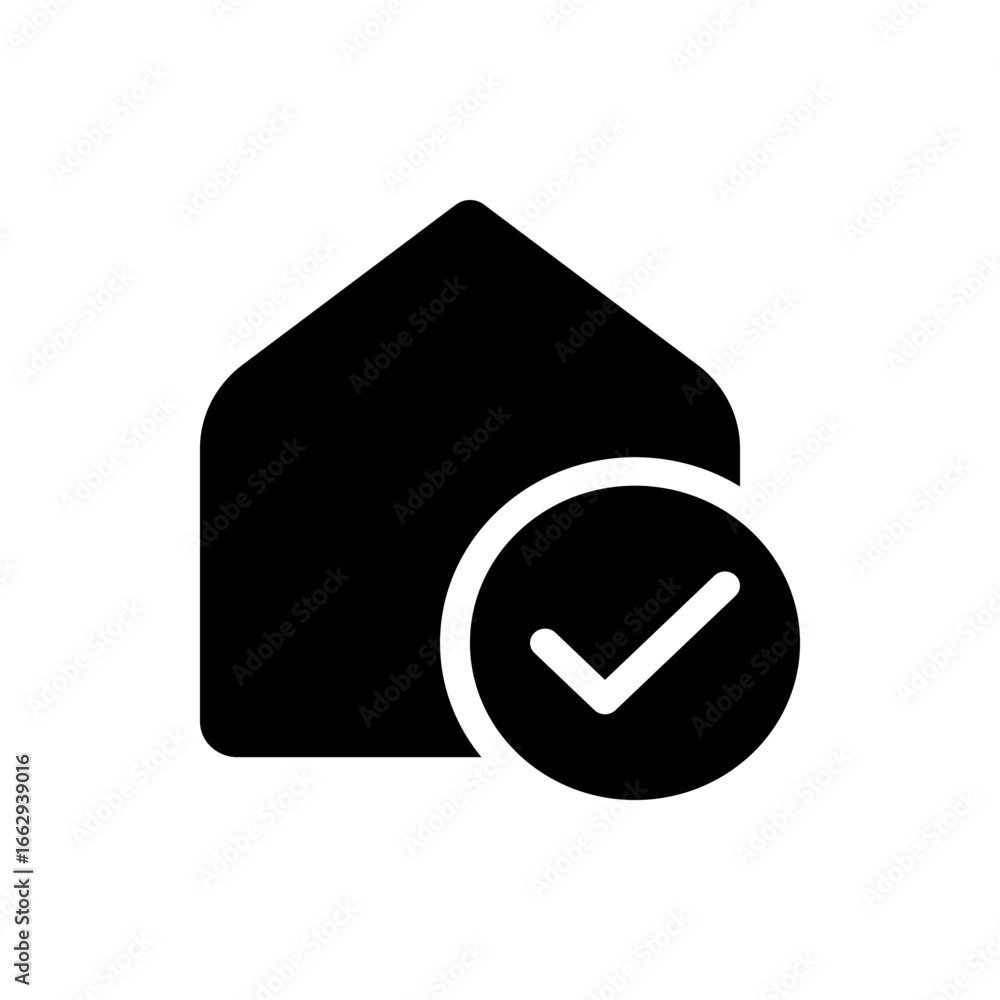 Aufkleber black house icon with a white check mark inside a circle indicating completion or confirmation statu