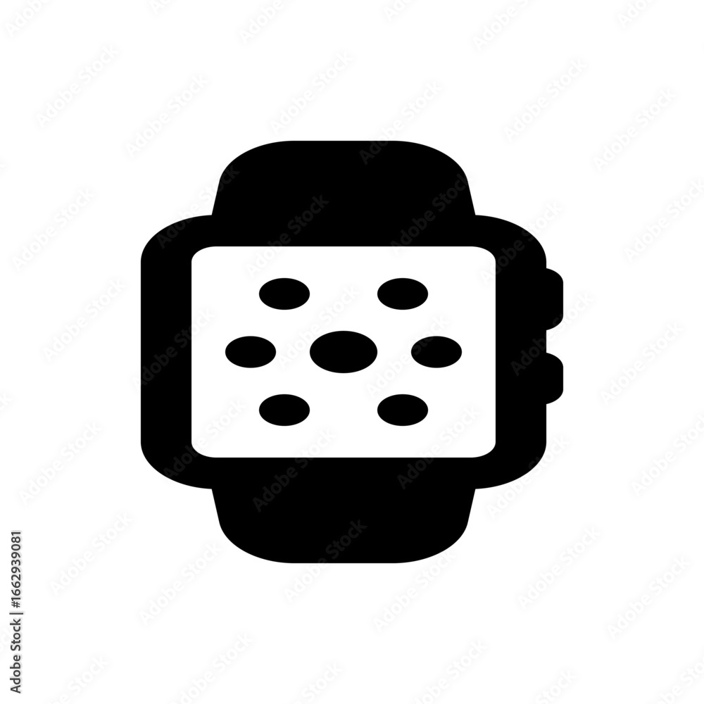 Poster illustration of a black smartwatch with a square face displaying a circular dot pattern on the scree