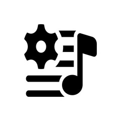 Illustration of a gear, horizontal lines, and a music note, all in black and white, conveying automation