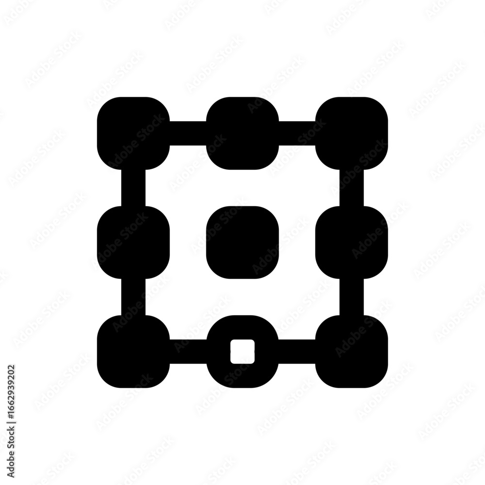 Poster black grid pattern with rounded squares and circles connected by lines in a square arrangement desig