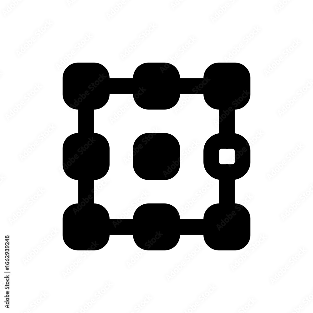 Poster illustration of a grid pattern with rounded squares and lines connecting them in a structured design