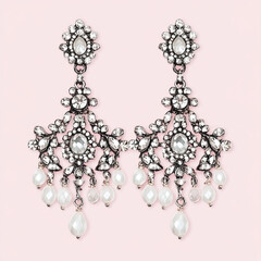 Elegant diamante chandelier earrings with white pearls drop. Luxurious fashion accessories for formal occasions and celebrations.