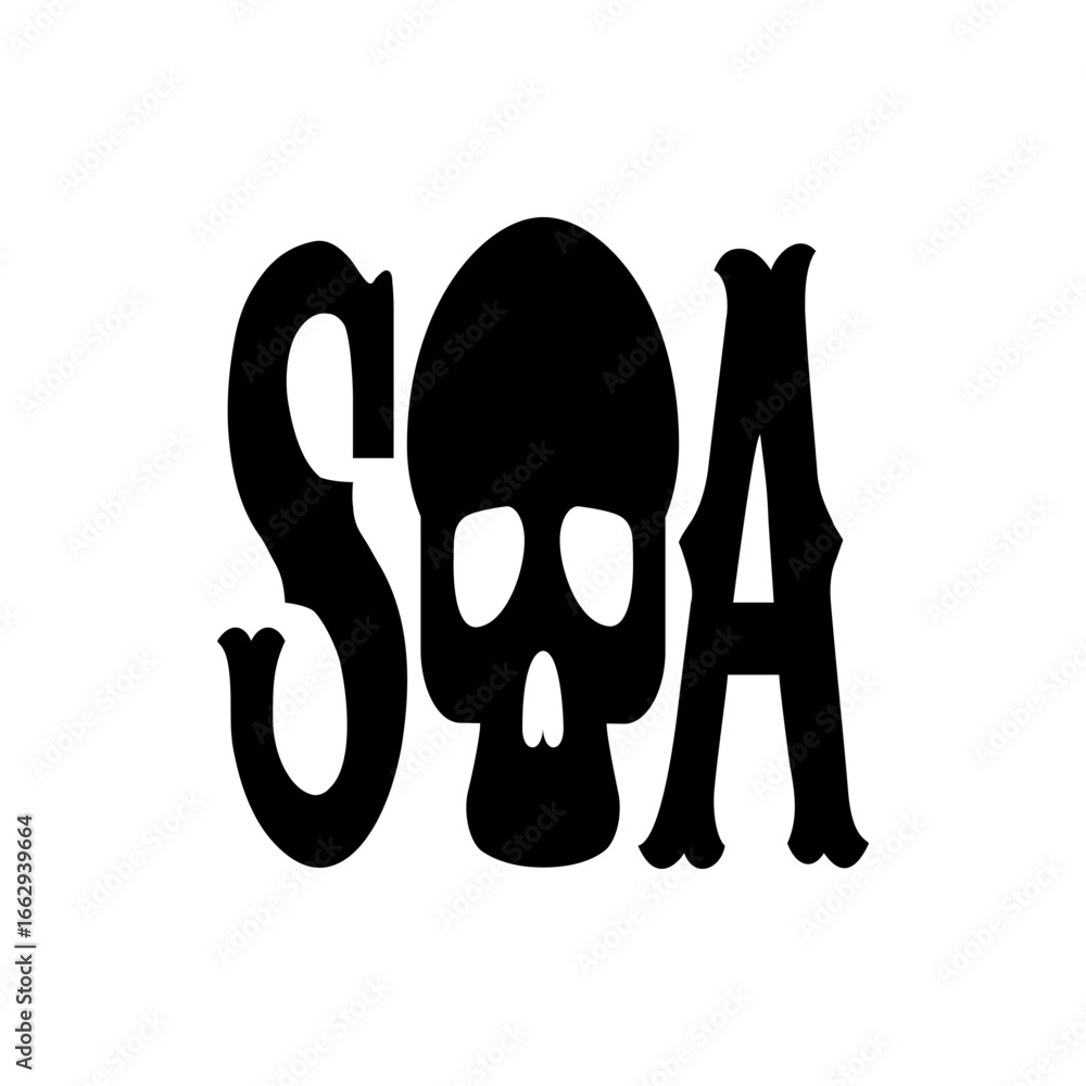 Poster stylized soa typography with a skull replacing the o in black on a white isolated background design