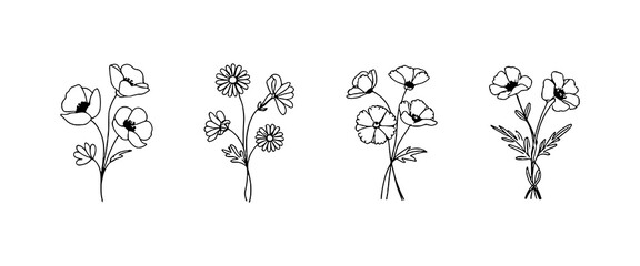 Floral illustrations featuring various types of flowers in simple black line art displayed on a white background