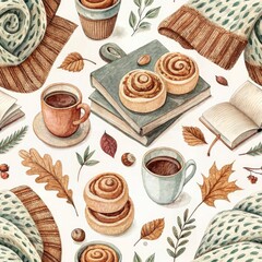 This seamless pattern features warm mugs of coffee, cinnamon rolls, and autumn leaves. Perfect for cozy fall decor, inviting warmth and nostalgia to any setting