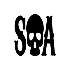 Stylized soa typography with a skull replacing the o in black on a white isolated background design